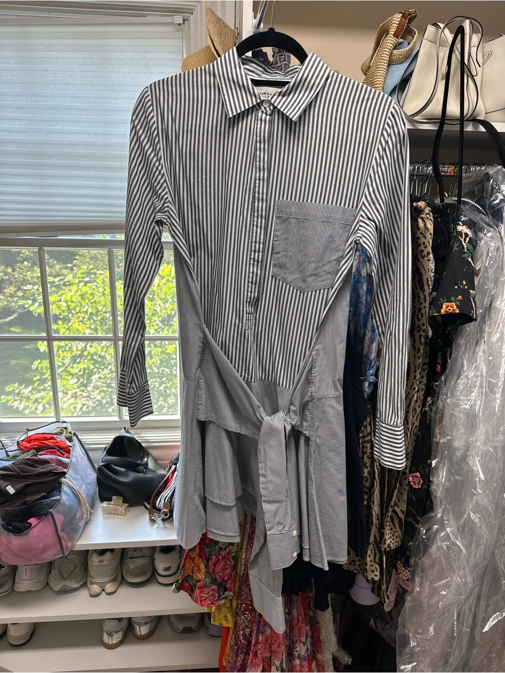 10 Crosby Derek Lam Black and White Striped Tie-Waist Button-Down Shirt Dress